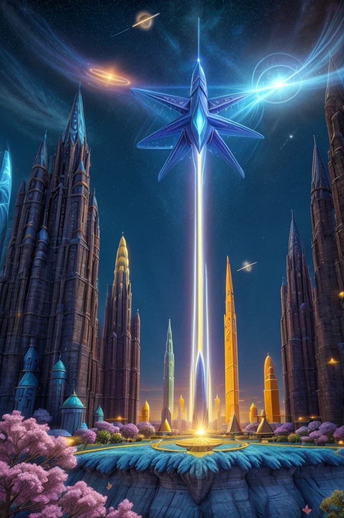 spiritual city, parallel reality, in a spiritual dimension, blue and gold light, many colors in the sky, universe with many stars, technological and futuristic plane, enchanted energy, beings of light flying in the sky with stars and birds, mystical energy