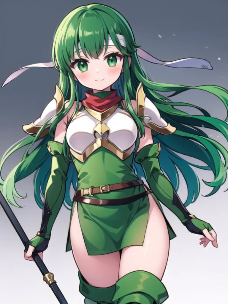 1girl, masterpiece, best quality, perfect hands, green hair, very long hair, palla_echoes, long hair, dress, green elbow gloves, belt, armor, green thigh boots, short dress, shoulder armor, side slit, breastplate, white headband, pegasus knight uniform \(fire emblem\), smile, spear, blush, pkuniform, green dress, thigh boots, sexy pose, crossed bangs