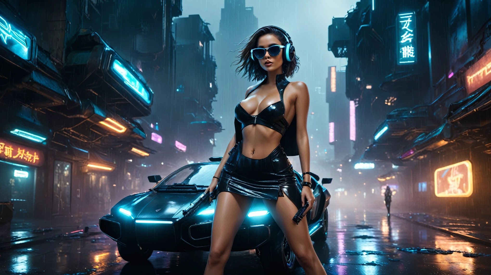 (aerial view, a flying cars docking platform, a very dark abandoned futuristic city, neon lights), rainy night. 1girl, solo, alone, large-breast:1.2 slim body, cleavage:1.1, sexy wind blowing wet dress:1.4, (headphone, black sunglasses), (((she raised a pistol:1.8 and took aim))), dynamic pose, (((half-body thigh level medium shot))), cinematic lighting, lens flare, ray tracing.