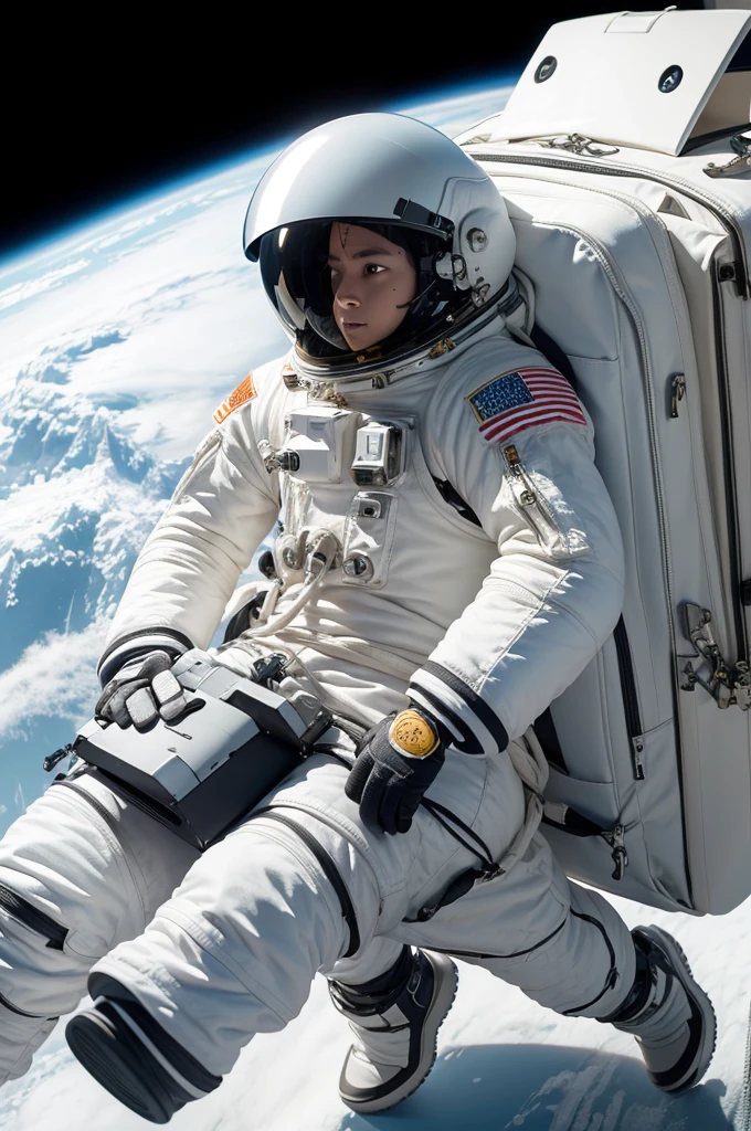 Astronaut on white background with jet backpack takes a while and takes off