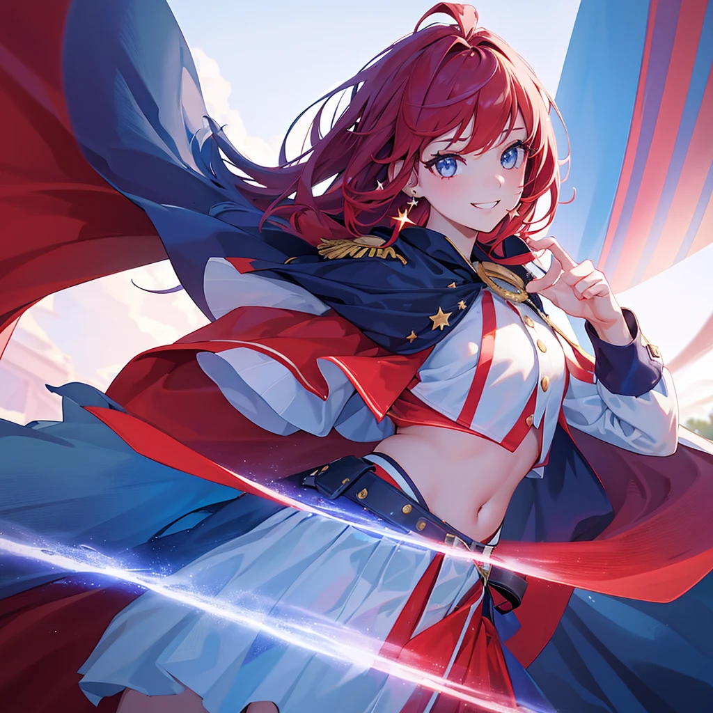 1girl, smiling, red white and blue hair, crop top, skirt, star earrings, USA flag cape, heroic pose, dutch angle, side shot, (best quality,4k,8k,highres,masterpiece:1.2),ultra-detailed,(realistic,photorealistic,photo-realistic:1.37),vivid colors,dynamic composition,American spirit,patriotic,heroic,vibrant,powerful,confident