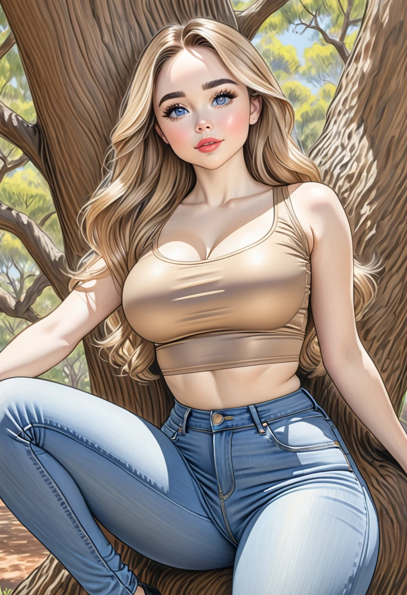 A colored pencil sketch of A beautiful woman, Beige leotard, large heaving breasts, skin tight highrise jeans. curvy, thin-waist, wide-hips, swaying-hips, fit, healthy chiseled, vuluptious figure. mash up of Sabrina Carpenter, She is sitting seductively under a live oak tree.