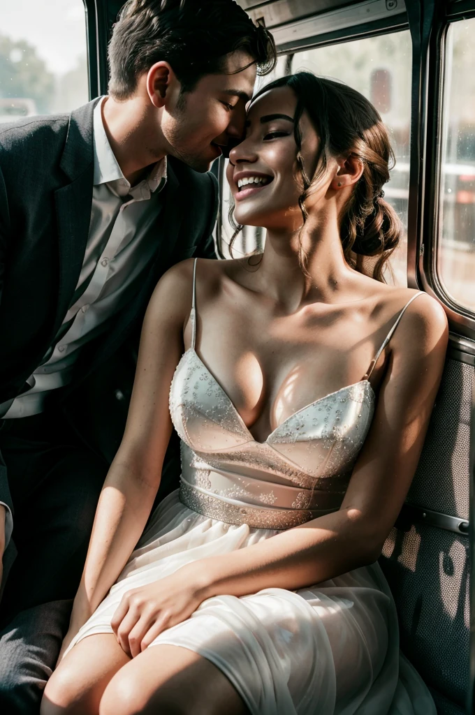 "A romantic couple making out in the back of a bus. Her face is illuminated by soft, intimate lighting, revealing an expression of satisfaction and happiness. 4K resolution captures every detail, from the texture of the dress's fabric to the delicate play of shadows and light on your skin.