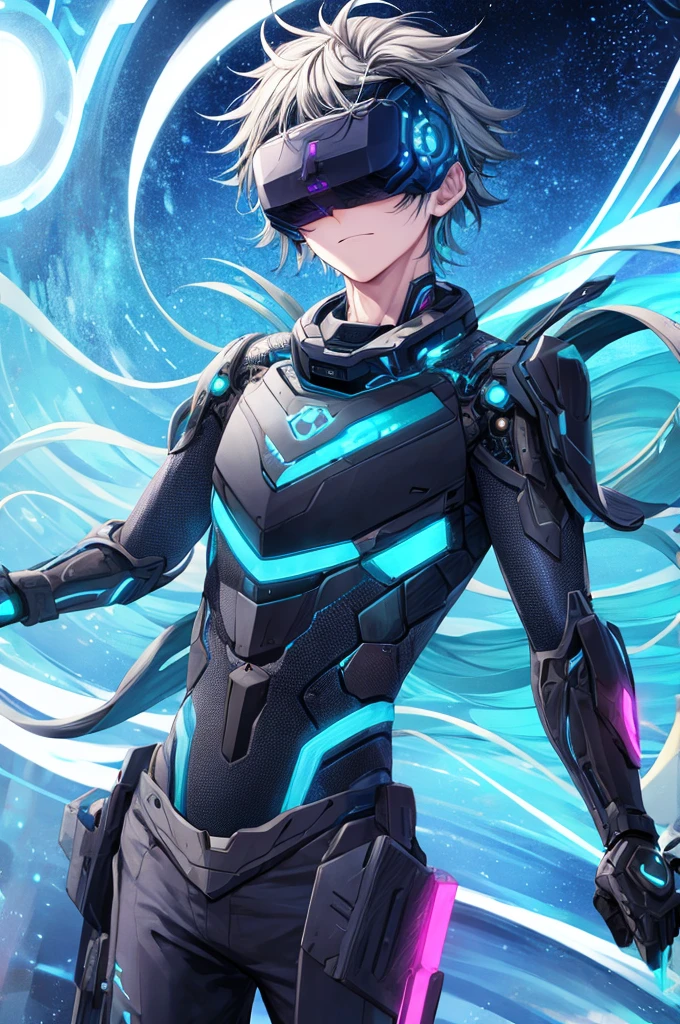 best quality, head-mounted display,
(1 boy), twink, exposed abdomen, surrounded by azure neon, blone short messy hair, short floating hair, NodesTech mascara, NodesTech headdress, ethereal hair, multicolored azure hair,
BREAK sci-fi background, detailed background, wearing crop top cyborg armor, azure neon background, data space