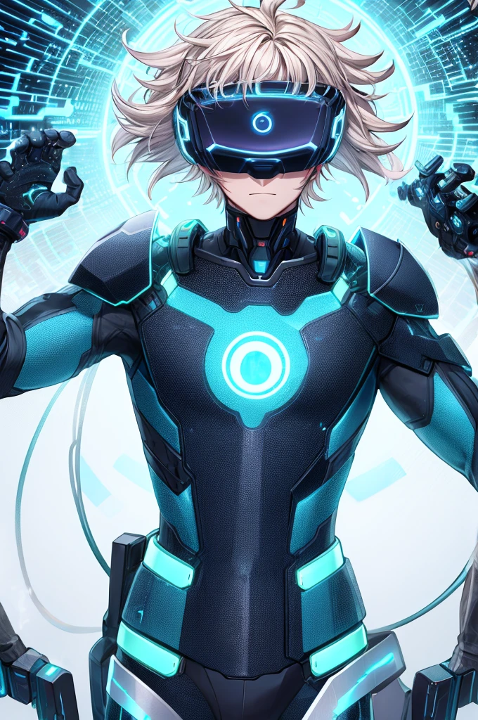 best quality, head-mounted display,
(1 boy), twink, exposed abdomen, surrounded by azure neon, blone short messy hair, short floating hair, NodesTech mascara, NodesTech headdress, ethereal hair, multicolored azure hair,
BREAK sci-fi background, detailed background, wearing crop top cyborg armor, azure neon background, data space