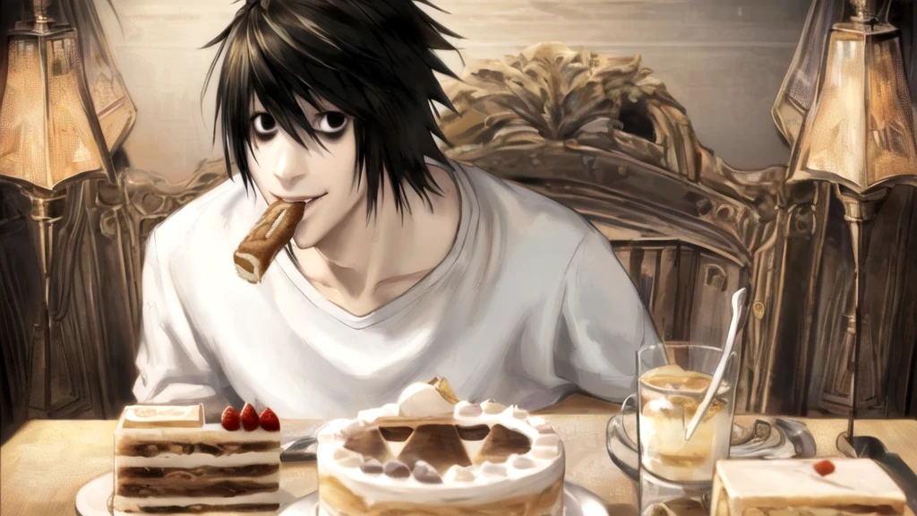 1 boy, man, perfect anatomy, mesmerizing black eyes, 8k resolution, (one person), (realism: 1.2), (masterpiece: 1.2), (cowboy frame: 1.2), dark romantic lighting, (high detail: 1.2), (detailed face: 1.2), (gradients), bright detailed eyes, (natural light: 1.2), solo, indoors, perfect lighting, perfect facial features, perfect angle, perfectly drawn eyes, man, smile, skinny, eats cake