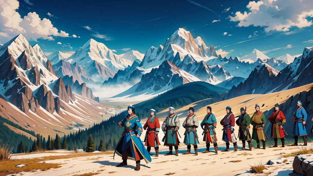 Kazakh animation, Characters, style, culture, Characters, hero, warriors stand in line, Background of the mountains