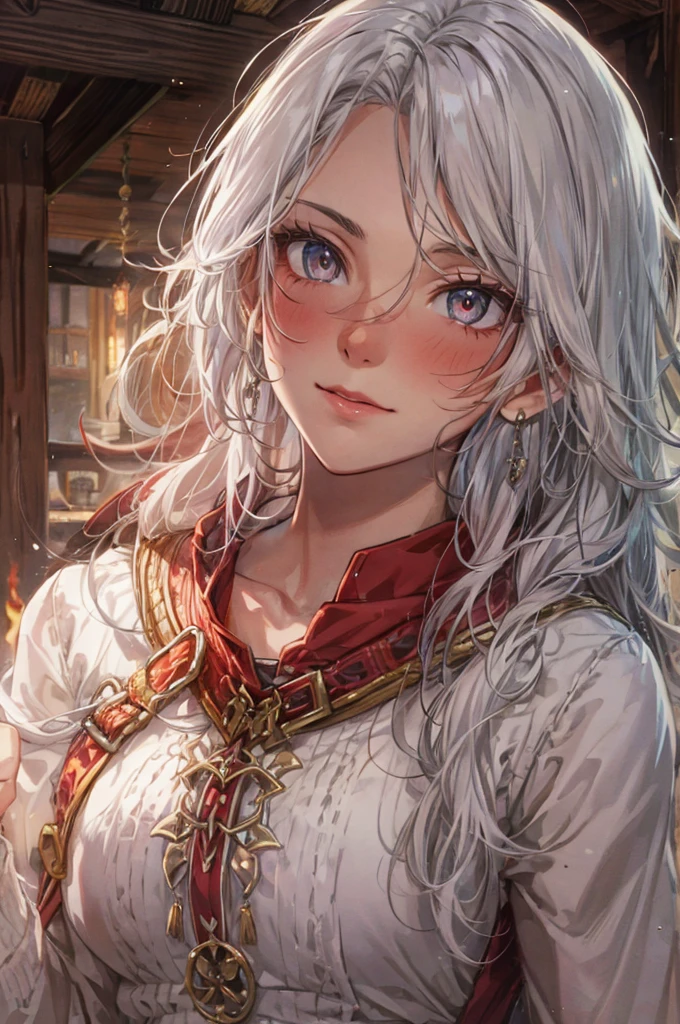 1girl, simple white and red tunic, long curvy messy hair, silver hair, glowing ruby colored eyes, beautiful face, detailed face, detailed eyes, perfect anatomy, collar bone, secluded old tavern, medieval theme, illustration, 8k, super details, award winning, high res