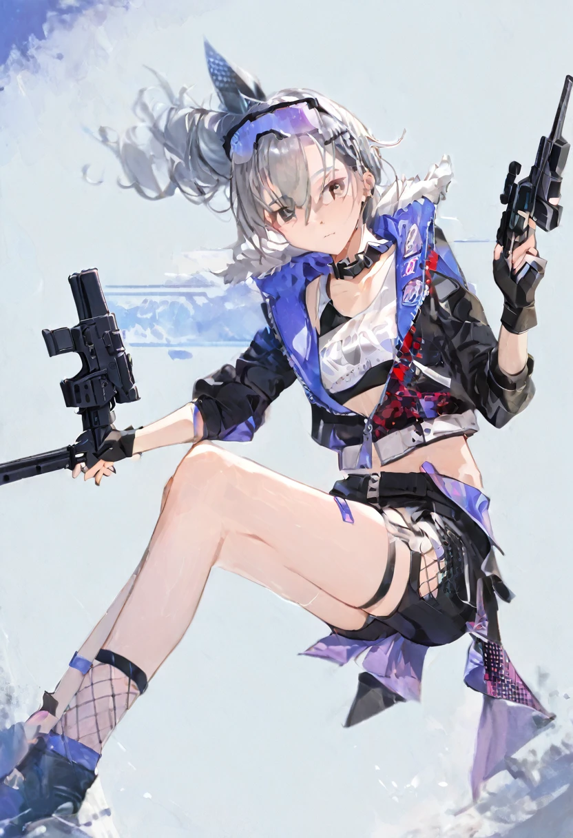 masterpiece, Highest quality, SilverWolfV4, One girl, alone, View your viewers, gloves, Jacket, whole body, arms, Shorts, black gloves, Little, black Jacket, gun, Drill Hair, black Shorts, Crossing your legs, holding gun, Bullpup