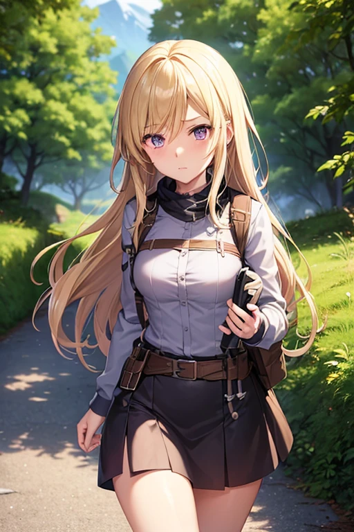 Generate an 18-year-old anime girl with large amethyst purple eyes and a serene demeanor, long blonde hair in loose waves, and a fair complexion. She is dressed in the same lightweight hiking outfit, a backpack slung over her shoulder, exploring the same mountain path. Her calm and resilient nature adds to the tranquil surroundings, resonating with characters like Mikasa Ackerman from "Attack on Titan" or Emma from "The Promised Neverland."