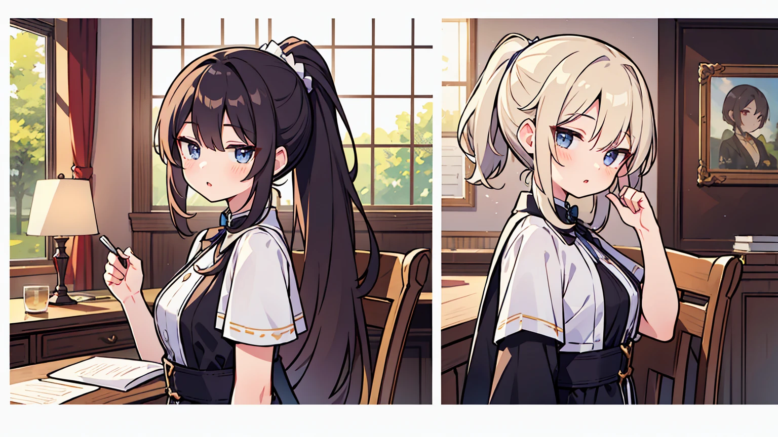(masterpiece, best quality),Women with different faces and hairstyles, different hair colors, different faces, ponytail, letterboxed, perfection of fashion,chapped lips, old fashioned dress, upper body, from the side,The Royal Gardens,study at the table, eyes look at the note, together, stylish outfit,