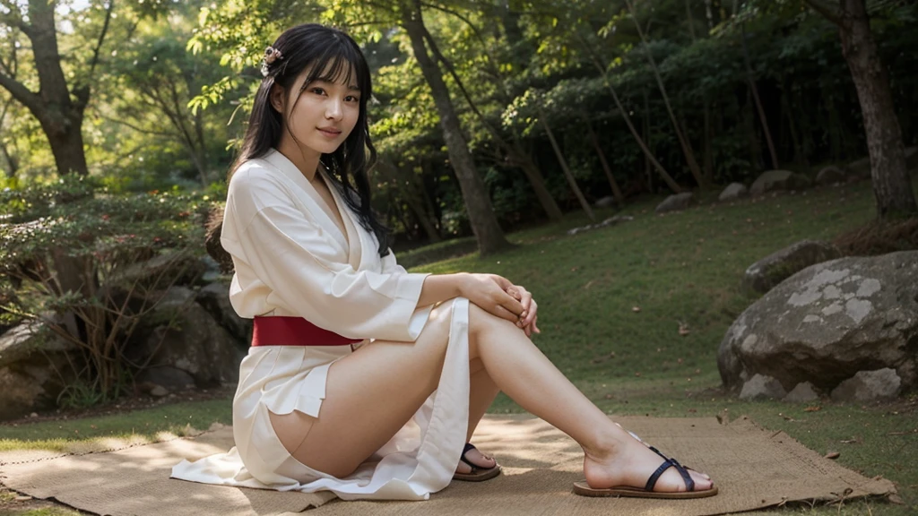 A shrine maiden is elegantly dressed in a thin, sheer Japanese kimono and stands gracefully on a sacred hill in the forest., A gold collar around his neck、Her chest is exposed and beautiful.。The feet are wearing sandals.。A kimono with a waist-length slit and knee-length。The colors are a perfect combination of red and white, which are symbols of purity.. Her jet black hair flowed long, well maintained、Shining in the sunlight. Her deep, His bright dark eyes radiated calm and wisdom., As if it holds an ancient tale from the past.. 彼女の滑らかで対称的な顔は日Book人の柔らかい落ち着いた、A gentle smile that gives off an aura of peace to the viewer, with the teeth faintly visible。Towards the sky diagonally above to the right、Her beautiful fingertips are pressed together in prayer。The fingers of the hand５Book、The toes５Book、Drawing in detail