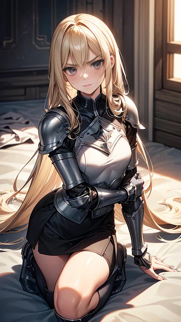 {{masterpiece}}, {{{best quality}}},{{ultra-detailed}}, {{illustration}},{{tall stature}},{{adult women}},((Sweatをかいて不機嫌な女剣士)),Small breasts,Slender,{{armor}},　｛{{Knee protection}}｝,((mini skirt)),Knee pads,Shin pads　,Armor Chest　Breast Armor　Get down on one knee　V-shaped eyebrows　Sweat　Gauntlet　A strong expression　blunt bangs　Blonde long hair　1 female,alone,　inside a prison cell　kneel down on one knee