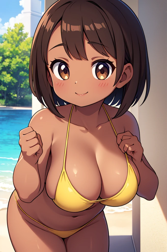beautiful girl , Beautiful round breasts,In front of the bust,Beautiful upward-facing breasts,G Cup, Tight waist,Brown Skin,Short Bob,Baby Face, bikini, Cleavage is clearly visible,Keep your head upright and smile,
