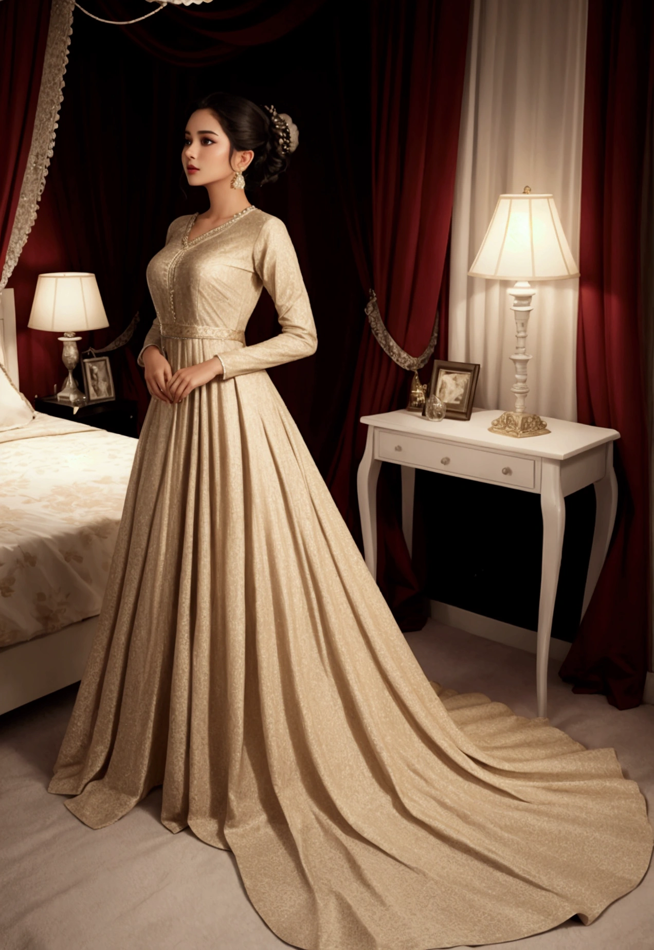 Gorgeous lady wear dress stand at bedroom .....