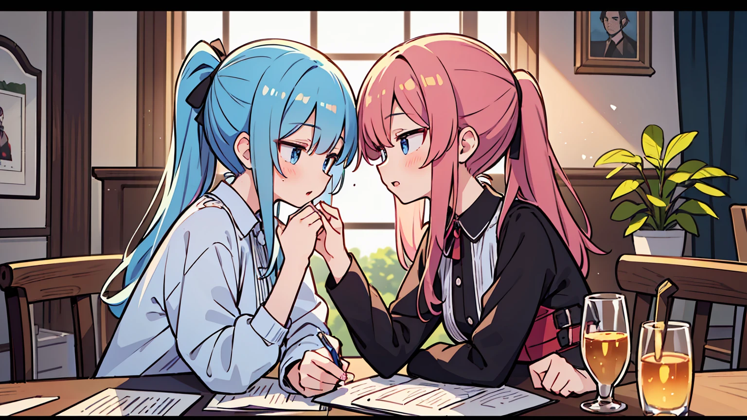 (masterpiece, best quality),Women with different faces and hairstyles, different hair colors, different faces, ponytail, letterboxed, perfection of fashion,chapped lips, old fashioned dress, upper body, from the side,The Royal Gardens,study at the table, eyes look at the note, together, stylish outfit,
