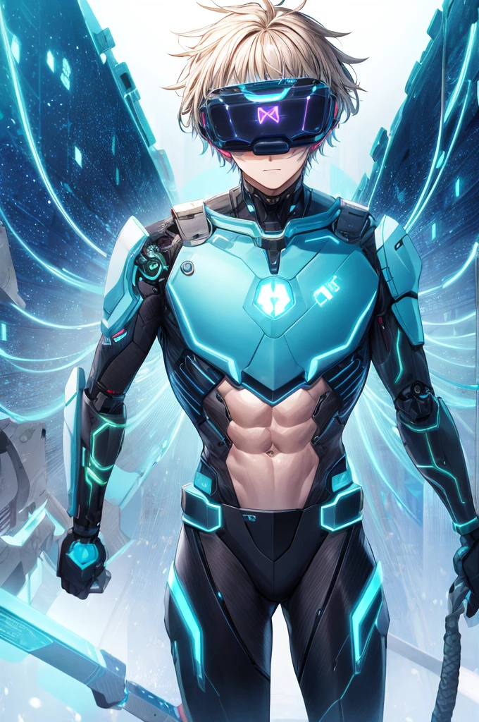 best quality, head-mounted display,
(1 boy), twink, exposed abdomen, exposed abs, surrounded by azure neon, blone short messy hair, short floating hair, NodesTech mascara, NodesTech headdress, ethereal hair, multicolored azure hair, wearing crop top cyborg armor,
BREAK sci-fi background, detailed background, azure neon background, data space