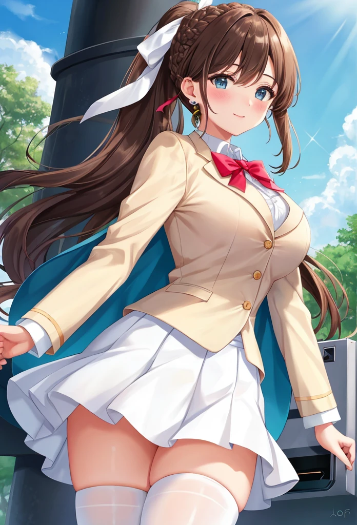 Close-up of a beautiful girl in a , a short skirt and a blazer, walking to school, blue sky with white clouds, brown hair, bangs, swept bangs, french braid, long hair, ponytail, wavy hair, expressive hair, shiny hair, hair ribbon, hair flower, dilated pupils, aqua eyes, glowing eyes, pupils sparkling, long eyelashes, earrings, light smile, glossy lips, blush, big rounds breasts, white puffy miniskirt, blue blazer, white thigh-high stockings, walking, upskirt, skirt lift, panties, looking down at viewer, high detail, anime, glowing light, dithering, image fill, from below, panorama, perspective, Wide-Angle, f/2.8, pov, 85mm, Sony FE, 8k, super detail, UHD, retina, masterpiece, illustration, accurate, anatomically correct, textured skin, highres, best quality, game cg, 16k