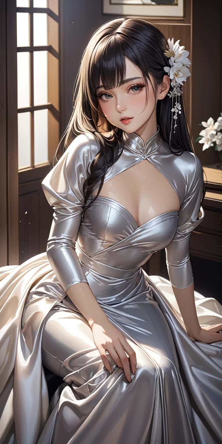 Portraiture、(masterpiece,Highest quality,Ultra-high resolution),Japanese women, (((Very beautiful 25 year old girl))),She is wearing a shiny satin long sleeve dress.、The dress has a simple design without any patterns..、The skirt is mermaid style