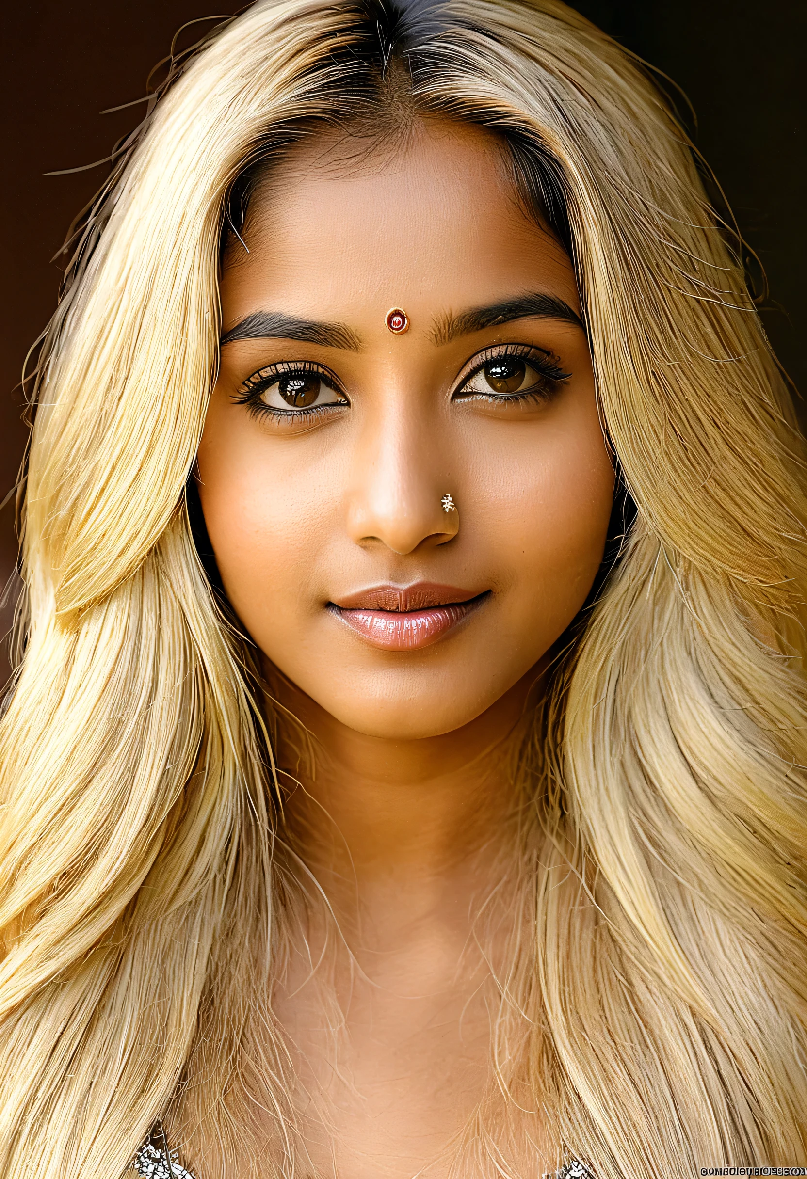 Créer une photo d'une belle fille indienne à la peau claire, aux cheveux blonds et visuellement originaire des États-Unis.