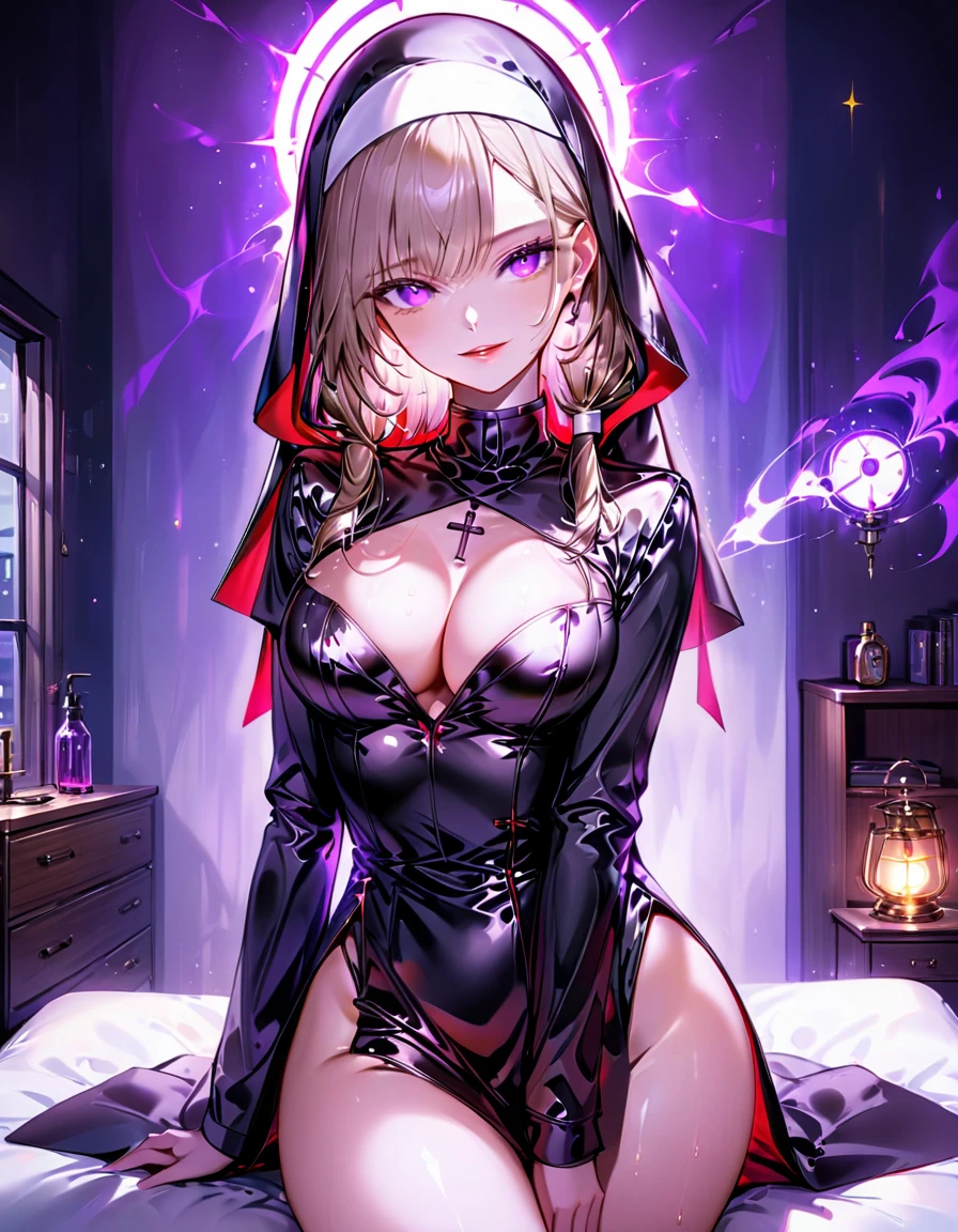 Young beautiful woman,(Highest quality,Extremely detailed depiction,Incredibly absurd high resolution,Anatomically accurate depiction,Curvy Legs),(Glowing Skin,Shiny skin,Oilskin),(Nun,複雑な光沢のあるのNunの服),eyelash,(Intensely glowing purple eyes,Crazy Eyes,There is cleavage in the chest,A seductive smile,Glossy Lips,Seductive gestures),Sweat,whole body,background:Bedroom at night