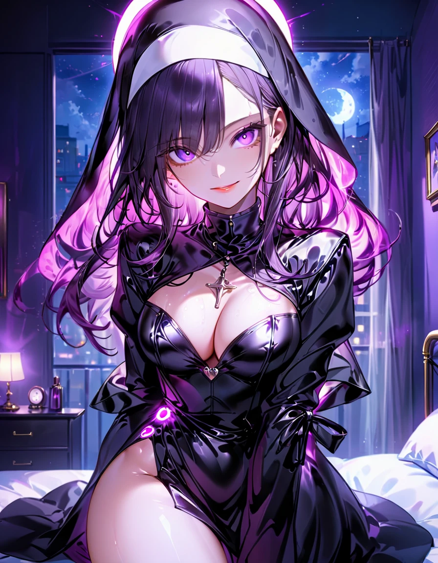 Young beautiful woman,(Highest quality,Extremely detailed depiction,Incredibly absurd high resolution,Anatomically accurate depiction,Curvy Legs),(Glowing Skin,Shiny skin,Oilskin),(Nun,複雑な光沢のあるのNunの服),eyelash,(Intensely glowing purple eyes,Crazy Eyes,There is cleavage in the chest,A seductive smile,Glossy Lips,Seductive gestures),Sweat,whole body,background:Bedroom at night