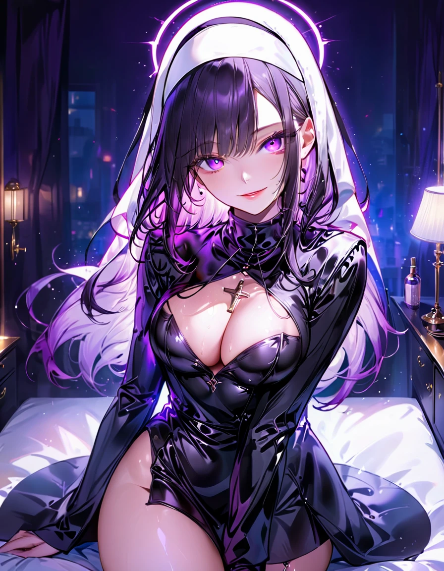 Young beautiful woman,(Highest quality,Extremely detailed depiction,Incredibly absurd high resolution,Anatomically accurate depiction,Curvy Legs),(Glowing Skin,Shiny skin,Oilskin),(Nun,複雑な光沢のあるのNunの服),eyelash,(Intensely glowing purple eyes,Crazy Eyes,There is cleavage in the chest,A seductive smile,Glossy Lips,Seductive gestures),Sweat,whole body,background:Bedroom at night