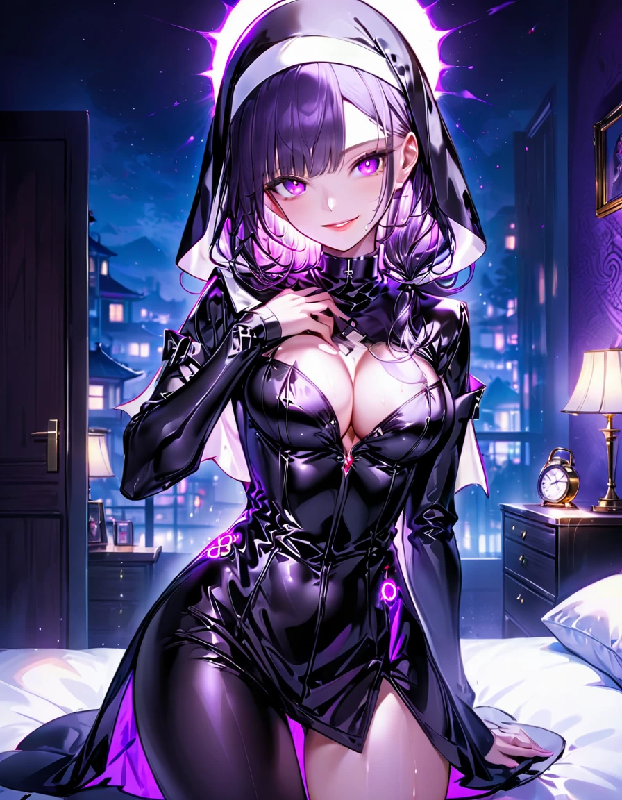 Young beautiful woman,(Highest quality,Extremely detailed depiction,Incredibly absurd high resolution,Anatomically accurate depiction,Curvy Legs),(Glowing Skin,Shiny skin,Oilskin),(Nun,複雑な光沢のあるのNunの服),eyelash,(Intensely glowing purple eyes,Crazy Eyes,There is cleavage in the chest,A seductive smile,Glossy Lips,Seductive gestures),Sweat,whole body,background:Bedroom at night