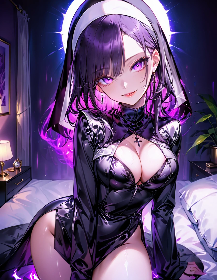Young beautiful woman,(Highest quality,Extremely detailed depiction,Incredibly absurd high resolution,Anatomically accurate depiction,Curvy Legs),(Glowing Skin,Shiny skin,Oilskin),(Nun,複雑な光沢のあるのNunの服),eyelash,(Intensely glowing purple eyes,Crazy Eyes,There is cleavage in the chest,A seductive smile,Glossy Lips,Seductive gestures),Sweat,whole body,background:Bedroom at night