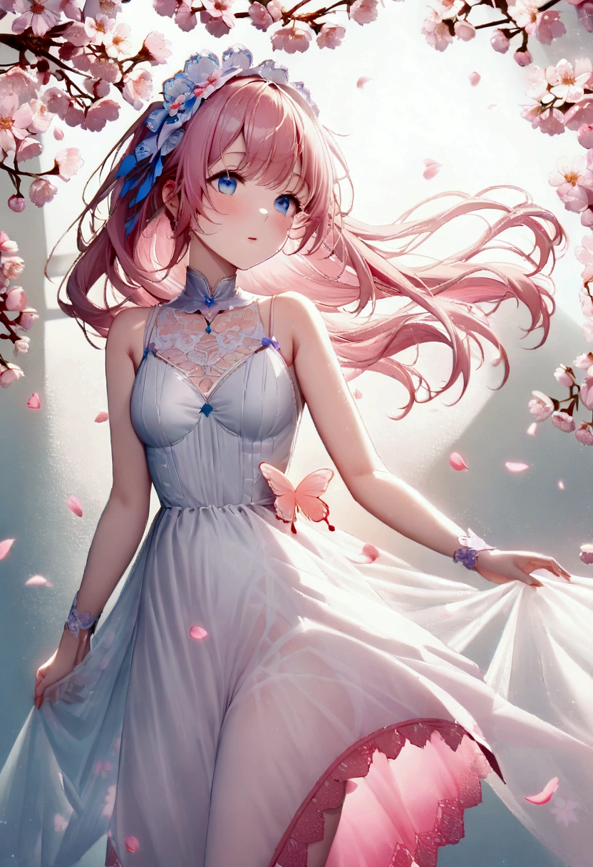 (CG unity 8K wallpaper extremely detailed) (Better quality) (Better lighting) (an extremely delicate and beautiful) (floating) (beautiful) (The breath of spring) (1 Girl) (Pink long hair), (Hair Headband), (detailed and beautiful blue eyes), ((Very short white dress, pink Lace underside), (Lace), ((Light transparent silk))), (Cherry blossom petals), (Butterfly), (Every time), (Volumetric Light) light, Chromatic Aberration, Sony FE GM, Textured Skin, High Detail, high resolution, 8K