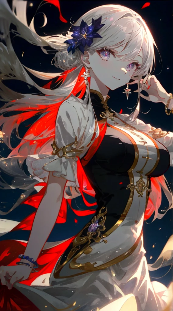 (Simple Hands:0.5)+(Detailed hands:0.7),(masterpiece),(Best quality),Red Eyes,1 Girl,Pale skin,Gray hair,Red Eyes,Two colors of hair,eyelash,A bracelet,jewelry,Smile,Shiny skin,Shiny hair,A detailed and majestic stage,Amazing,Long hair,1Big Breast Girl,Two colors of hair,Night Sky, 细节极为丰富的 CG 插画masterpiece,Watching you,Correct proportions,Sexy Anime,beautiful anime eyes, Beautiful and delicate eyes, Purple Eyes, Shining eyes, Red Eyes, (whole body), (curve),