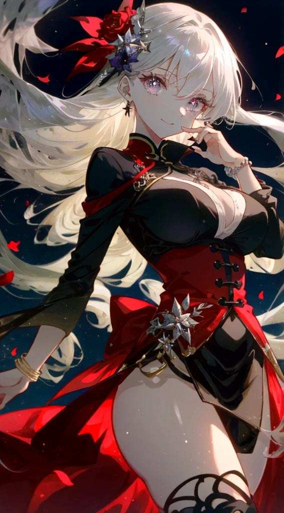 （Simple Hands：0.5）+（Detailed hands：0.7），（masterpiece），（Best quality），Red Eyes，1 Girl，Pale skin，Gray hair，Red Eyes，Two colors of hair，eyelash，A bracelet，jewelry，Smile，Shiny skin，Shiny hair，A detailed and majestic stage，Amazing，Long hair，1Big Breast Girl，Two colors of hair，Night Sky， 细节极为丰富的 CG 插画masterpiece，Watching you，Correct proportions，Sexy Anime，beautiful anime eyes， Beautiful and delicate eyes， Purple Eyes， Shining eyes， Red Eyes， （whole body）， （curve），