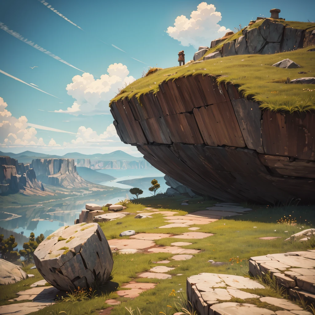 large rusty cylindrical piece on a rocky area with grass, beautiful sky and rocks in the distance, post apocalypse