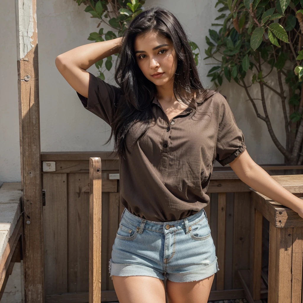 One gril 25year long dark black hair are flowing in air flirting with his eyes clothes shorts and blouse on his haif solder and he stand midel of tiger