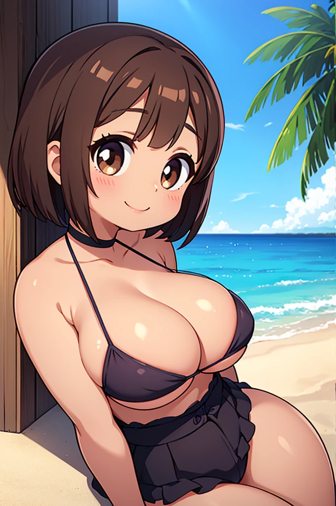 beautiful girl , Beautiful round breasts,In front of the bust,Beautiful upward-facing breasts,G Cup, Tight waist,Brown Skin,Short Bob,Baby Face, bikini, Cleavage is clearly visible,Keep your head upright and smile,