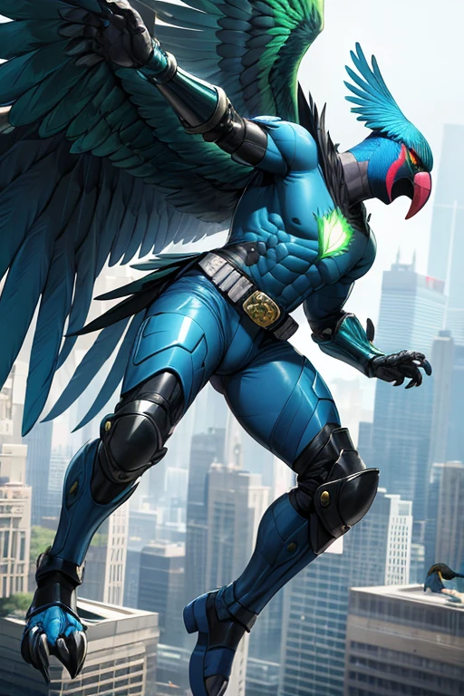 ((best quality)), ((masterpiece)), (detailed), 1 man, full body, 25 years old, masked, blue mask, blue head, uncovered mouth, biker helmet, blue helmet, parrot helmet, black neck, tall, thin, black beak, black details, a green parrot with a blue head on his side, metallic wings, wings on his arms, blue fingerless gloves, blue wristbands, luminous blue wings shooting lasers, blue suit resembling light armor, blue suit with an emblem, entirely green chest, emblem on his chest, green pants, deployable bird tail, metallic feathers, gray knee pads, metallic gray boots, metallic bird claws, black superhero belt, flying through the city, midday city background, anime