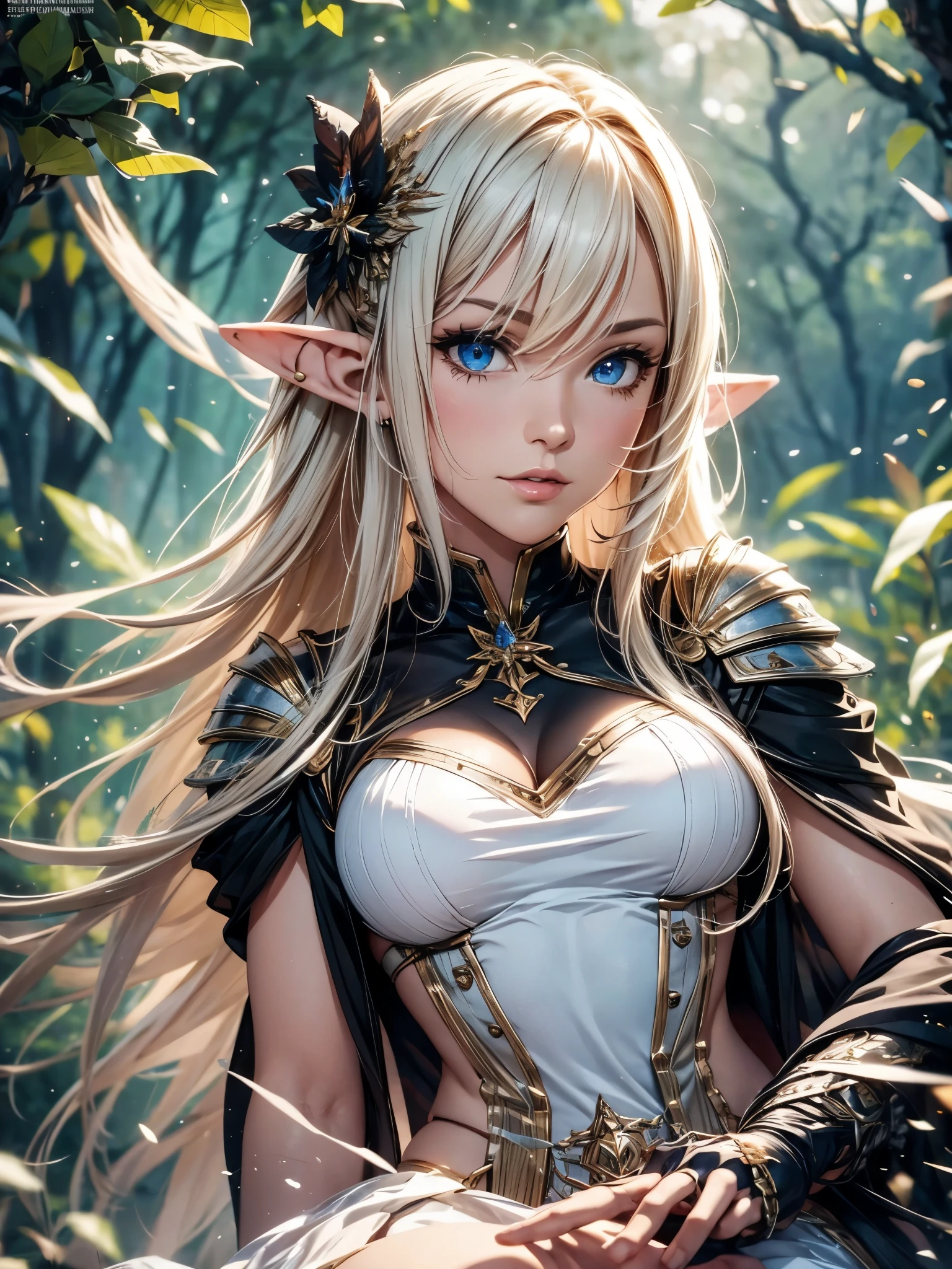 best quality, masterpiece, High resolution, 1 elf girl, beautiful magician girl, white detailed dress, beautiful crystal-armor, long hair, colorful magic circle, outdoor, pretty face, Above_Body, The Tyndall effect, Realistic anime, Fantasy and reality, Edge lighting, two color lights, (Highly detailed skin:1.2), 8K uhd, soft light, high quality, Volumetric lighting, confess, photo, High resolution, 8K, Bokeh