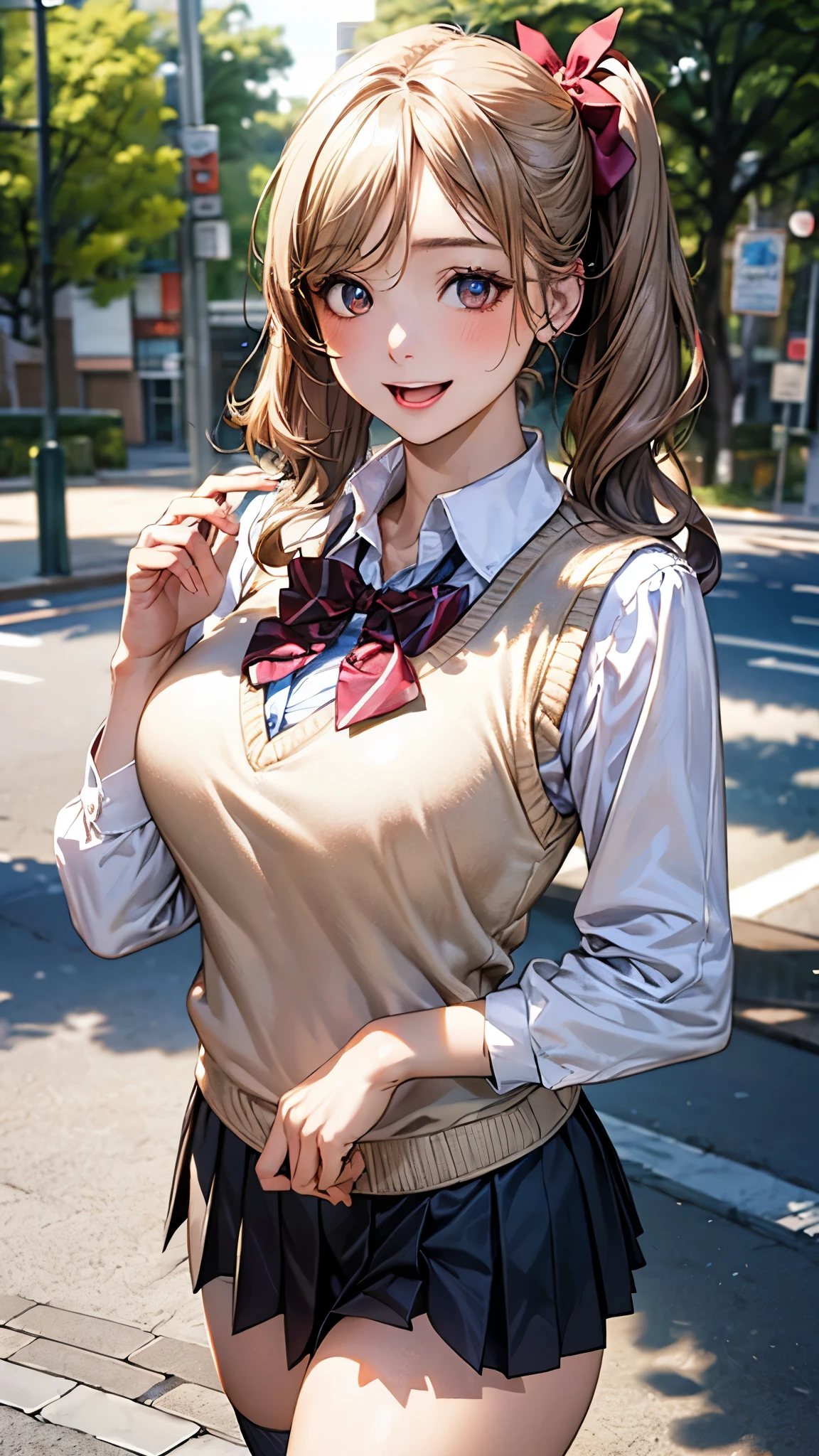 (masterpiece:1.2, top-quality), (realistic, photorealistic:1.4), beautiful illustration, (natural side lighting, movie lighting), nsfw,
looking at viewer, cowboy shot, front view:0.6, 1 girl, japanese, high school girl, perfect face, cute and symmetrical face, shiny skin,
(long hair:1.8, twintails:1.7, blond hair), parted bangs, gold eyes, long eye lasher, (large breasts:0.8, thick thighs),
beautiful hair, beautiful face, beautiful detailed eyes, beautiful clavicle, beautiful body, beautiful chest, beautiful thigh, beautiful legs, beautiful fingers,
(long sleeve white collared shirts, navy pleated mini skirt, black socks, brown loafers, red bow tie, beige sleeveless knitted vest), pink panties,
(beautiful scenery), evening, (tree-lined street), walking, (lovely smile, upper eyes, open mouth),