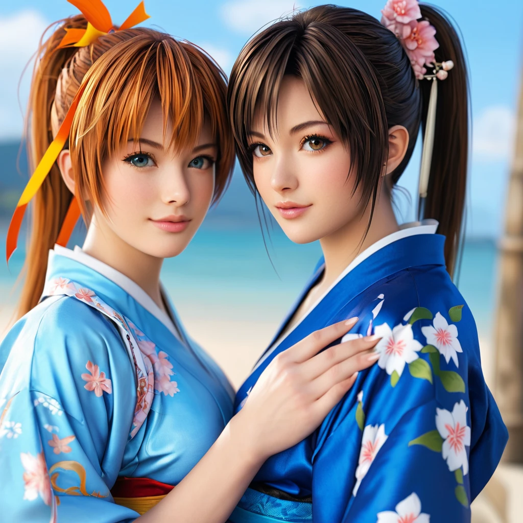 Messy hair, NamiFinal, Nami from the anime One Piece, orange hair, bangs, hair in a bun, beautiful, beautiful woman, perfect body, perfect breasts, red wearing a kimono, wearing earrings, wearing a watch, in the park, cherry tree, traditional house japan, looking at viewer, slight smile, realism, masterpiece, textured leather, super detail, high detail, high quality, best quality, 1080p, 16k