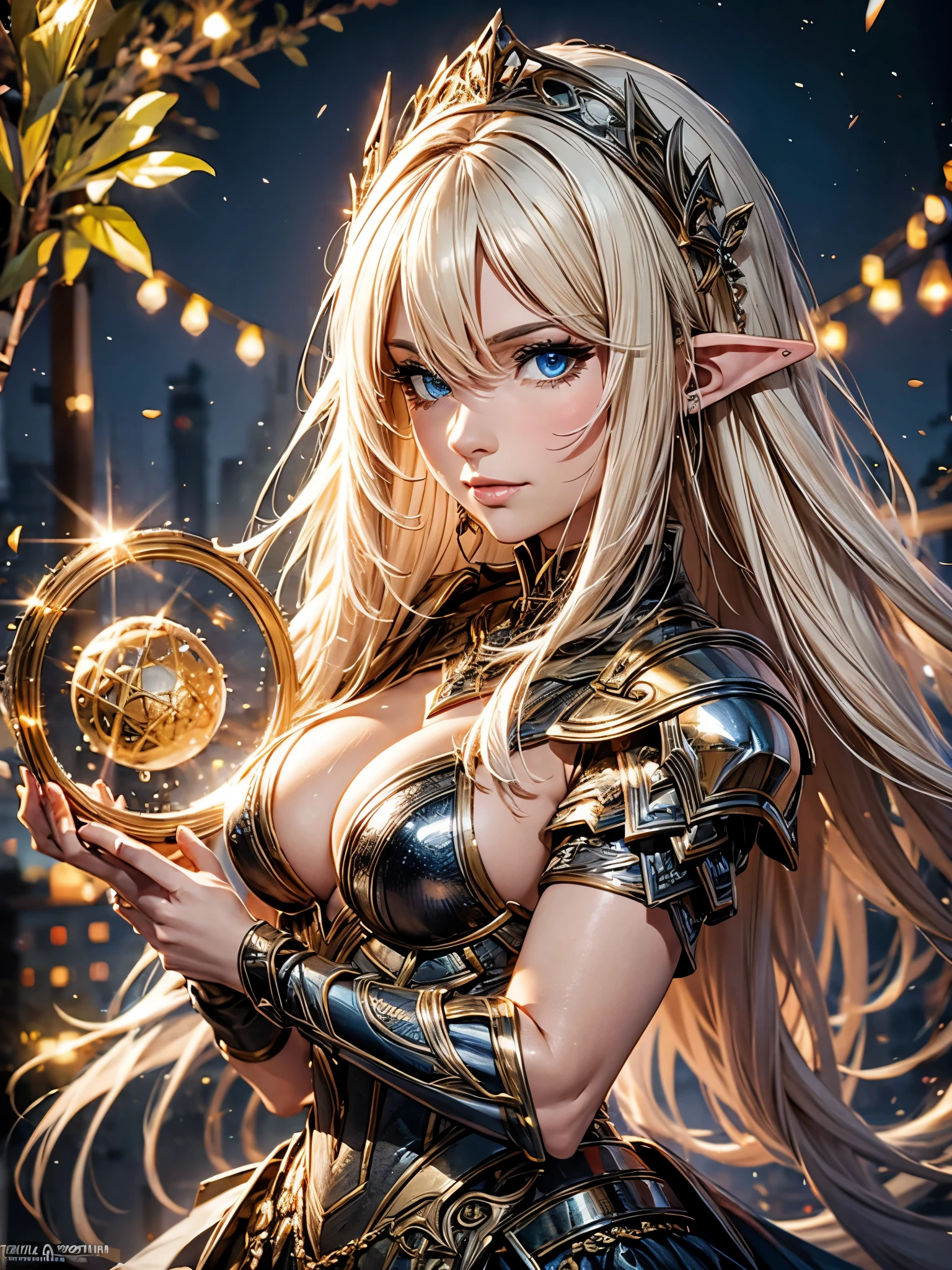 best quality, masterpiece, High resolution, 1 elf girl, beautiful magician girl, white detailed dress, beautiful crystal-armor, long hair, colorful magic circle, outdoor, pretty face, Above_Body, The Tyndall effect, Realistic anime, Fantasy and reality, Edge lighting, two color lights, (Highly detailed skin:1.2), 8K uhd, soft light, high quality, Volumetric lighting, confess, photo, High resolution, 8K, Bokeh