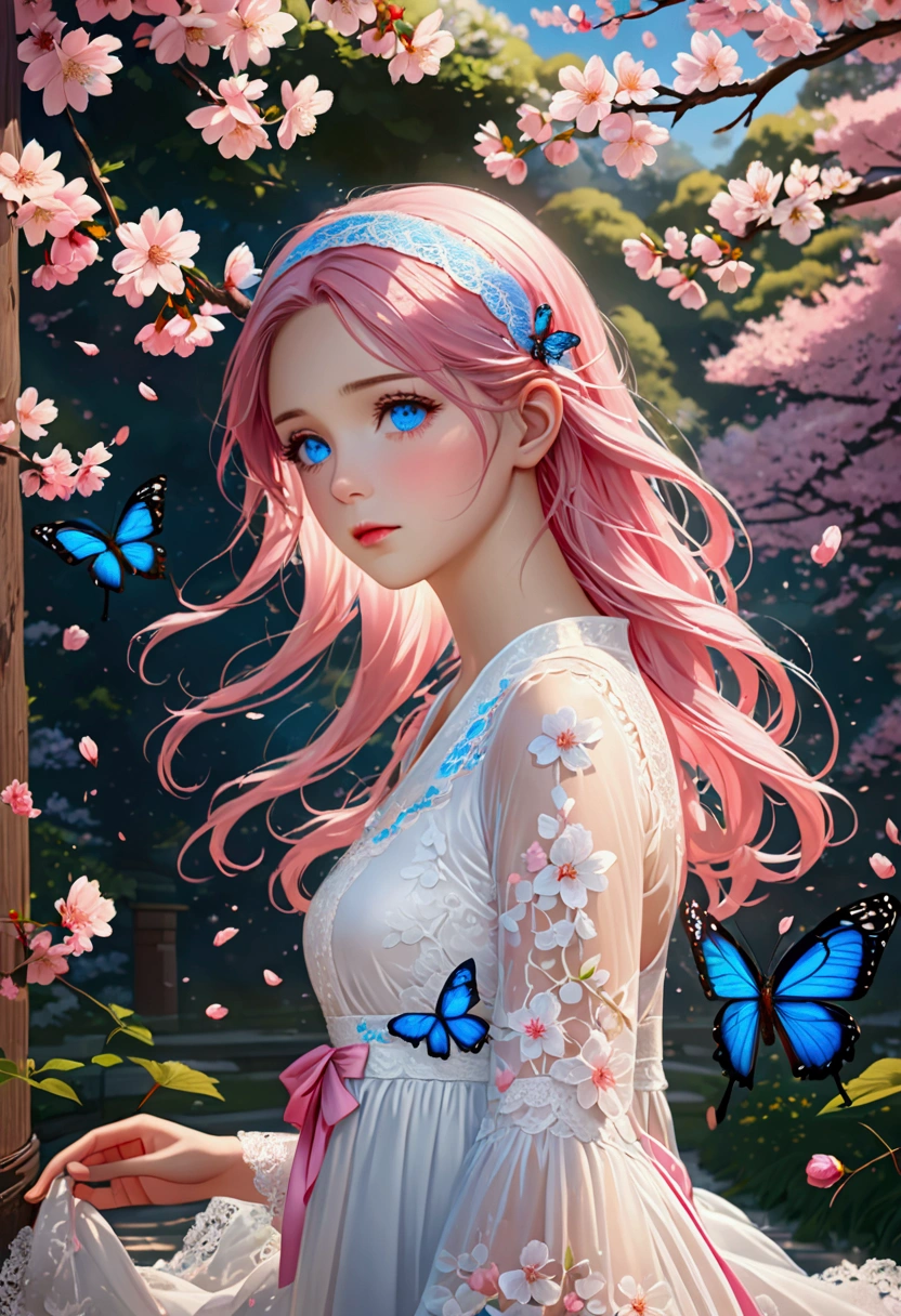 (CG unity 8K wallpaper extremely detailed) (Better quality) (Better lighting) (an extremely delicate and beautiful) (floating) (beautiful) (The breath of spring) (1 Girl) (Pink long hair), (Hair Headband), (detailed and beautiful blue eyes), ((Very short white dress, pink Lace underside), (Lace), ((Light transparent silk))), (Cherry blossom petals), (Butterfly), (Every time), (Volumetric Light) light, Chromatic Aberration, Sony FE GM, Textured Skin, High Detail, high resolution, 8K
