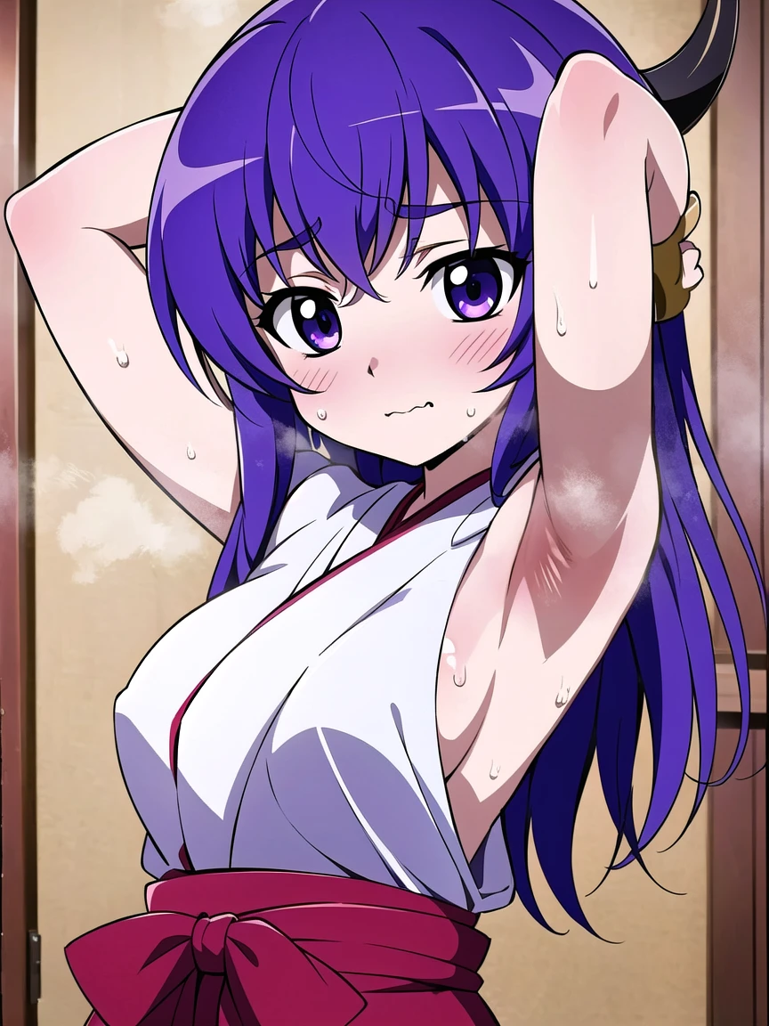 ((masterpiece, best quality)), high resolution,ultra detailed,8k,16k,detailed background, perfect lighting,detailed beautiful eyes, 1girl,solo,embarrassed,blush,in heat,look at viewer,face focus,(steam,sweat,from front,upper body:1.2),provocative eyes,wavy mouth,fisheye lens,(show off armpits,arms up:1.3),curvy,pale skin,(anime style,colorful,medium breast,child_body),hanyuu,black horn,long hair,purple eyes,purple hair,miko,red hakama