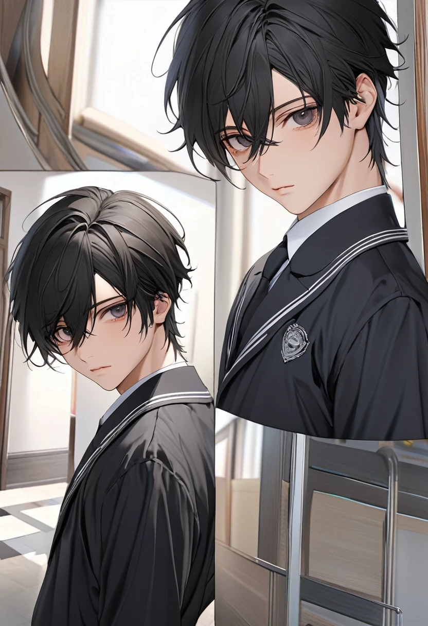 A highschool boy, handsome, perfect body, black hair, short hair, mullet, black eyes, upturned eyes, expressionless, black highschool uniform, anime, first-person view, masterpiece, anatomically correct, high details, highres, best quality, super detail, 1080P