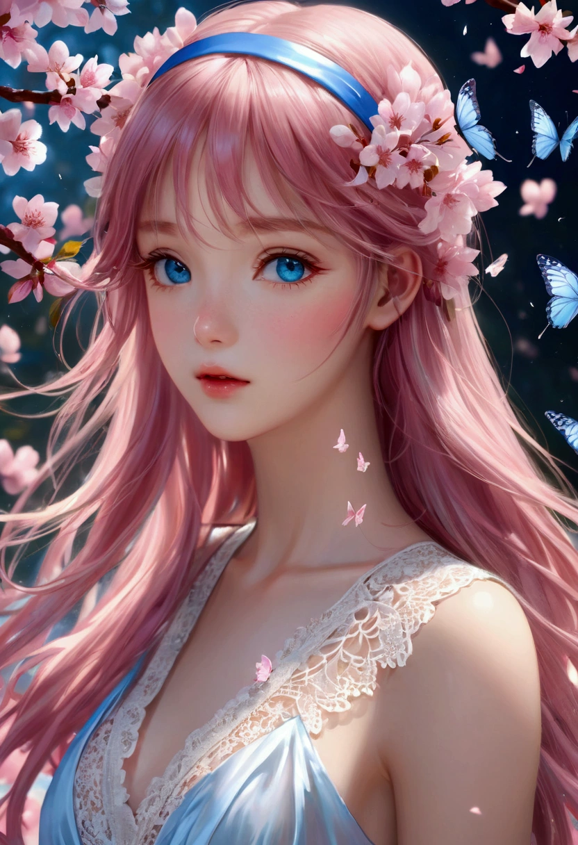 (CG unity 8K wallpaper extremely detailed) (Better quality) (Better lighting) (an extremely delicate and beautiful) (floating) (beautiful) (The breath of spring) (1 Girl) (Pink long hair), (Hair Headband), (detailed and beautiful blue eyes), ((Very short white dress, pink Lace underside), (Lace), ((Light transparent silk))), (Cherry blossom petals), (Butterfly), (Every time), (Volumetric Light) light, Chromatic Aberration, Sony FE GM, Textured Skin, High Detail, high resolution, 8K