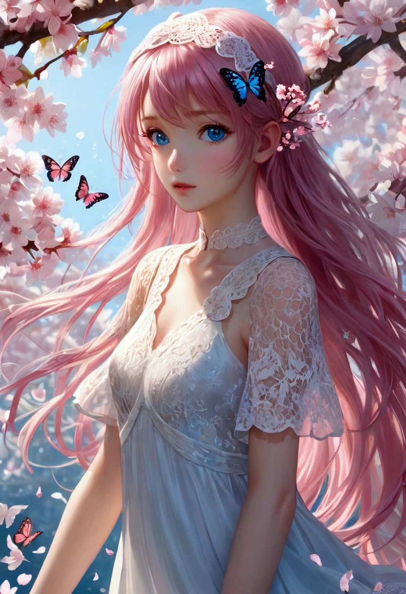 (CG unity 8K wallpaper extremely detailed) (Better quality) (Better lighting) (an extremely delicate and beautiful) (floating) (beautiful) (The breath of spring) (1 Girl) (Pink long hair), (Hair Headband), (detailed and beautiful blue eyes), ((Very short white dress, pink Lace underside), (Lace), ((Light transparent silk))), (Cherry blossom petals), (Butterfly), (Every time), (Volumetric Light) light, Chromatic Aberration, Sony FE GM, Textured Skin, High Detail, high resolution, 8K