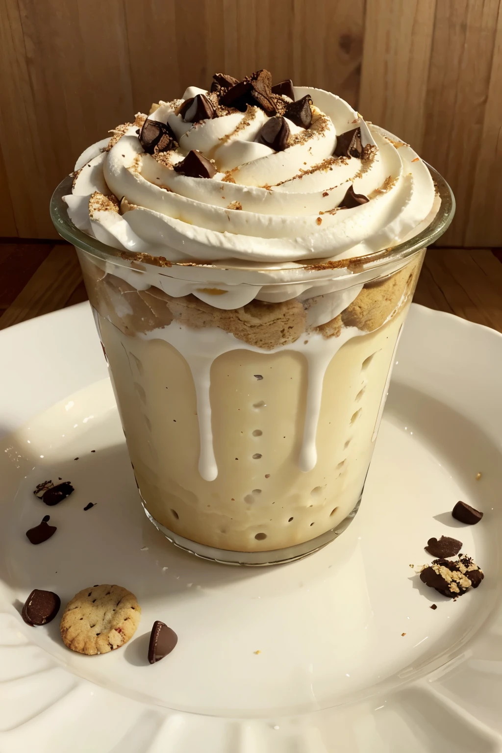 Lemon pie in a disposable cup with lid, the base part of the glass with crushed cookies and the top of the pie cream with chantillin decoration. In which you say the name of the enterprise that is "Taste of home" and the phone number for orders 977862815