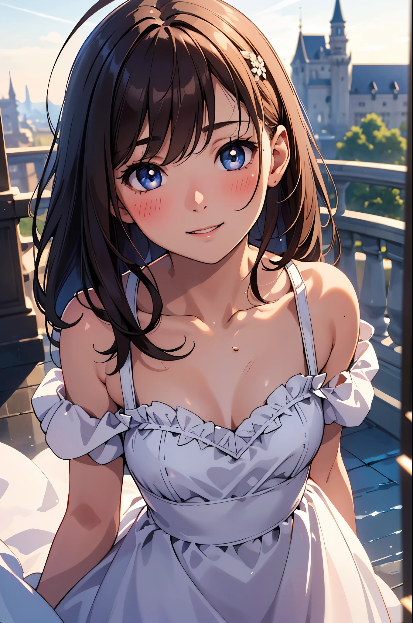 masterpiece, 1 girl, beautiful girl, smile, close up, detailed face, detailed eyes, detailed pupils, round pupils, blue eyes, brown hair, long hair, bangs, equal length bangs, small ahoge, bare shoulders, blush, medium breasts, white dress, frilly dress, looking at viewer, fantasy, european, castle in background, architecture, outdoors, best quality, high res, ultrasharp, high detail, sharp focus, dramatic, beautiful lighting, real life, intricate, caustics, subsurface scattering, reflections, (photorealistic:1.5), (ulzzang-6500:0.5), (RAW photo, 8k uhd, film grain)