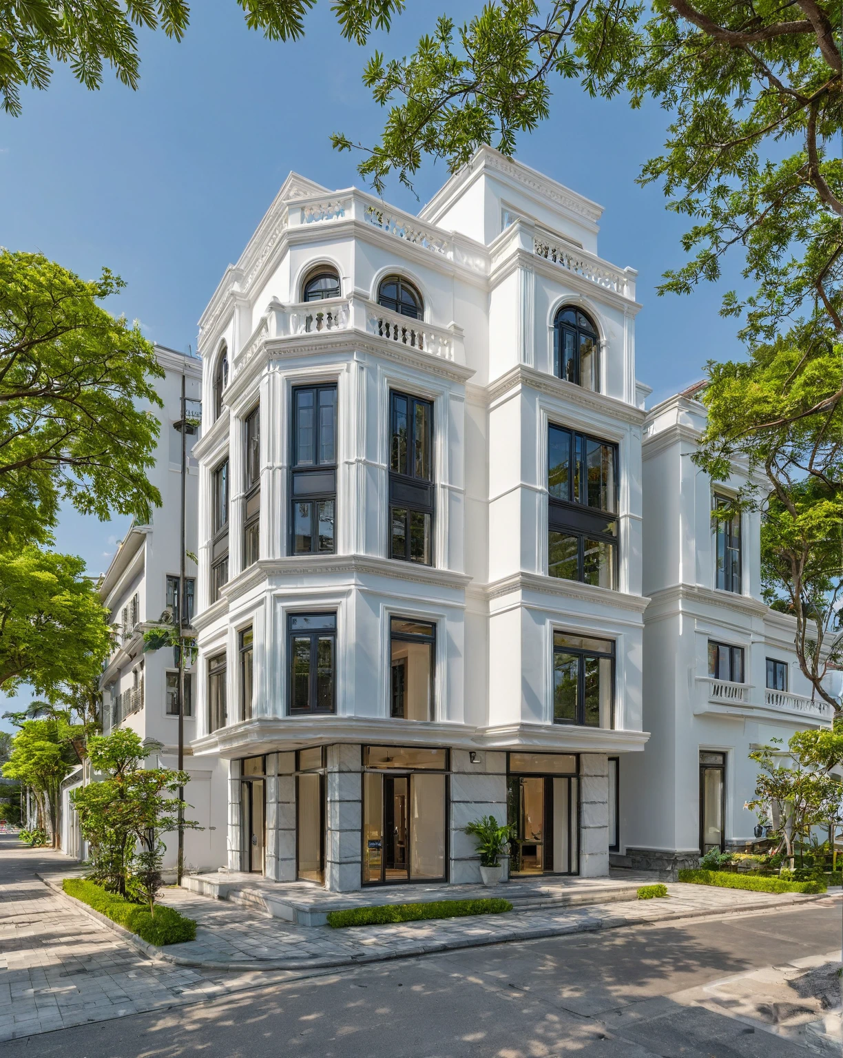 neo classical villa on street, (daylight), tropical tree, vivid colour, streetcapes, white tone, white wall, large glass door, warm interior lighting, wood and marble, best quality, 20ArchiAI_XL_NeoTH-v2