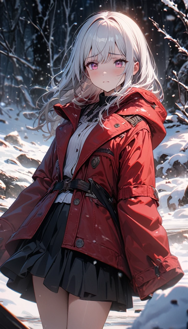 young girl, long white hair, pink eyes, red furcoat, white shirt, shite skirt, snow, small breasts, sad, Masterpiece, best quality, Full HD, 8k, ultra details, great graphic