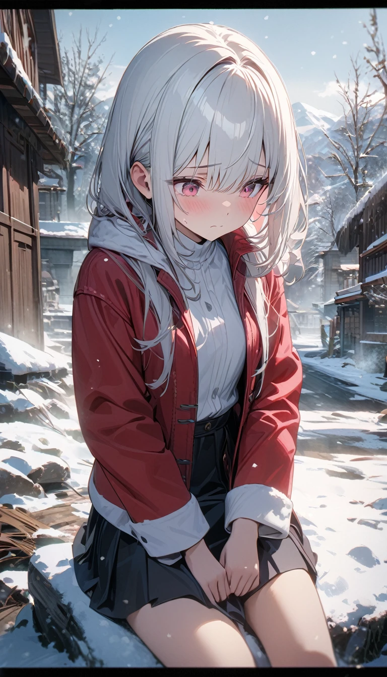 young girl, long white hair, pink eyes, red furcoat, white shirt, shite skirt, snow, small breasts, sad, Masterpiece, best quality, Full HD, 8k, ultra details, great graphic